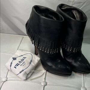 Prada Black Ankle Boots with Fringe and Studs